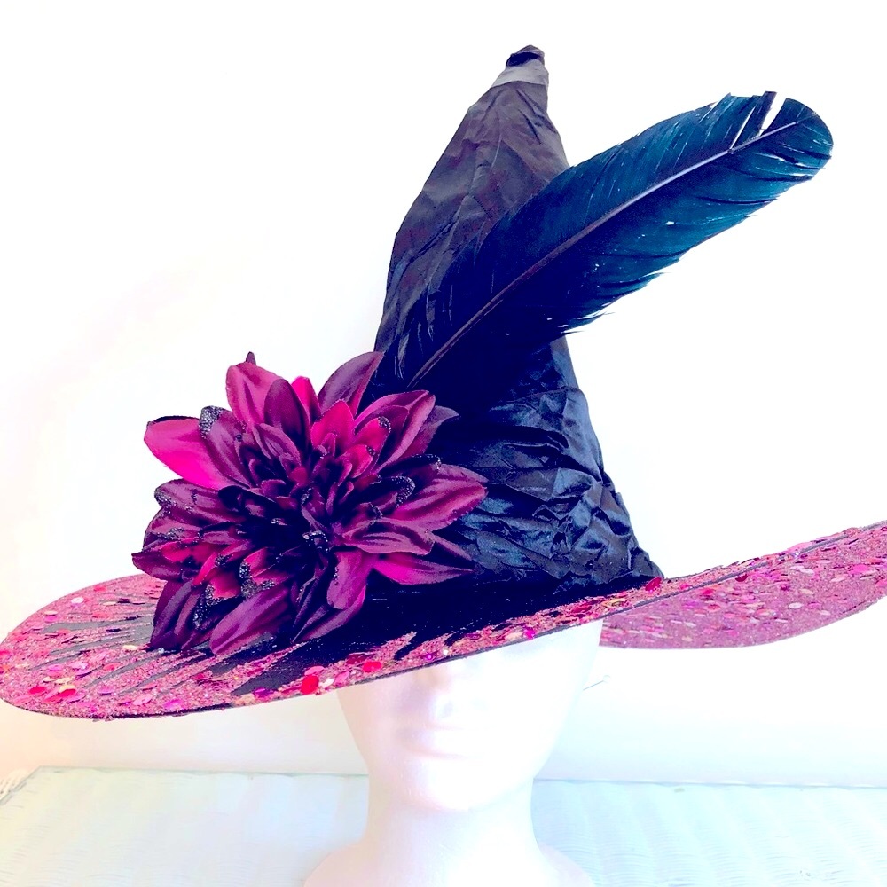 Witch hat artisan Black satin brim top & below multi pinks sparkles Flower & f…